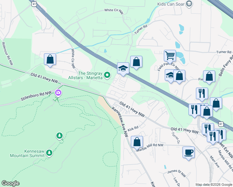 map of restaurants, bars, coffee shops, grocery stores, and more near 492 Springer Bnd in Marietta