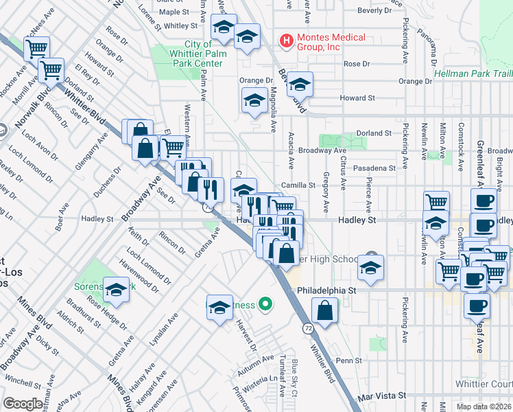 map of restaurants, bars, coffee shops, grocery stores, and more near 6338 Court Avenue in Whittier