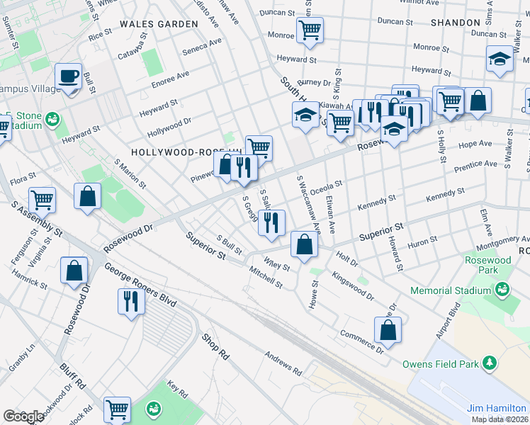 map of restaurants, bars, coffee shops, grocery stores, and more near 1905 Oceola Street in Columbia