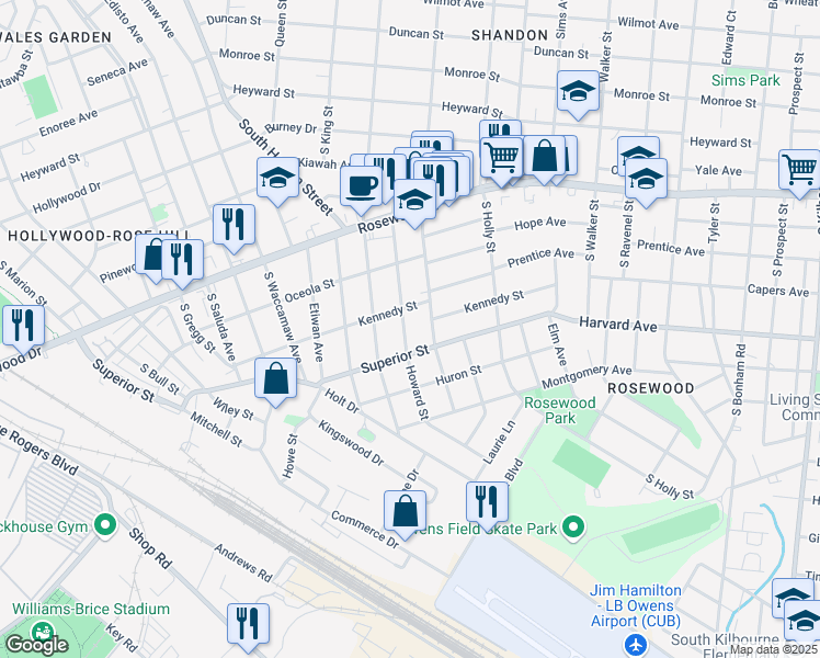 map of restaurants, bars, coffee shops, grocery stores, and more near 614 Howard Street in Columbia