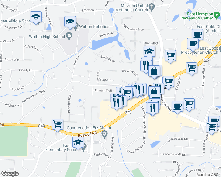map of restaurants, bars, coffee shops, grocery stores, and more near 3935 Stanton Trail in Marietta