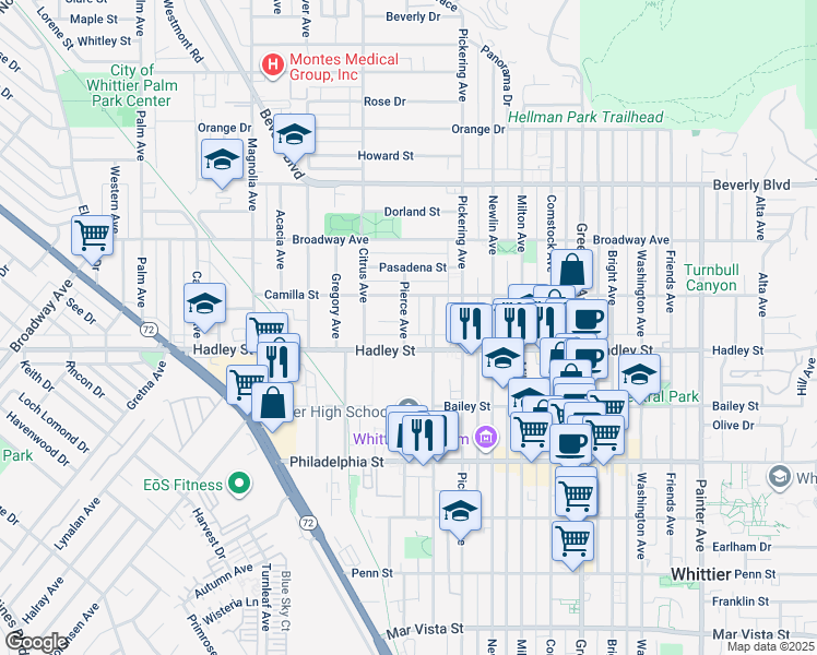 map of restaurants, bars, coffee shops, grocery stores, and more near 6332 Pierce Avenue in Whittier