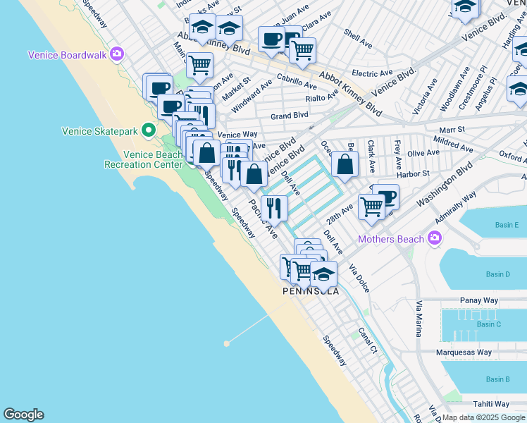 map of restaurants, bars, coffee shops, grocery stores, and more near 2400 Pacific Avenue in Los Angeles