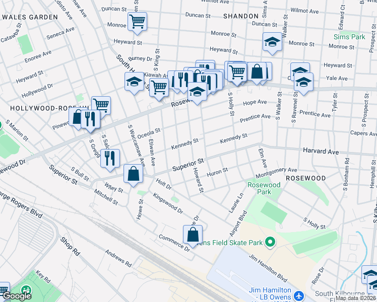map of restaurants, bars, coffee shops, grocery stores, and more near 520 South Woodrow Street in Columbia