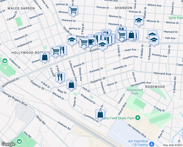 map of restaurants, bars, coffee shops, grocery stores, and more near 520 South Woodrow Street in Columbia