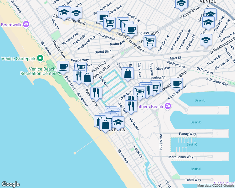 map of restaurants, bars, coffee shops, grocery stores, and more near 420 Sherman Canal in Los Angeles