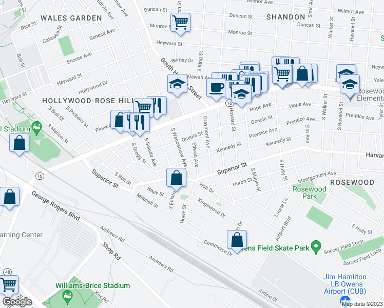 map of restaurants, bars, coffee shops, grocery stores, and more near 529 Etiwan Avenue in Columbia