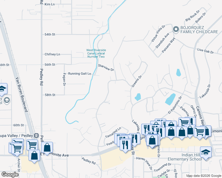 map of restaurants, bars, coffee shops, grocery stores, and more near 5800 Baldwin Avenue in Riverside