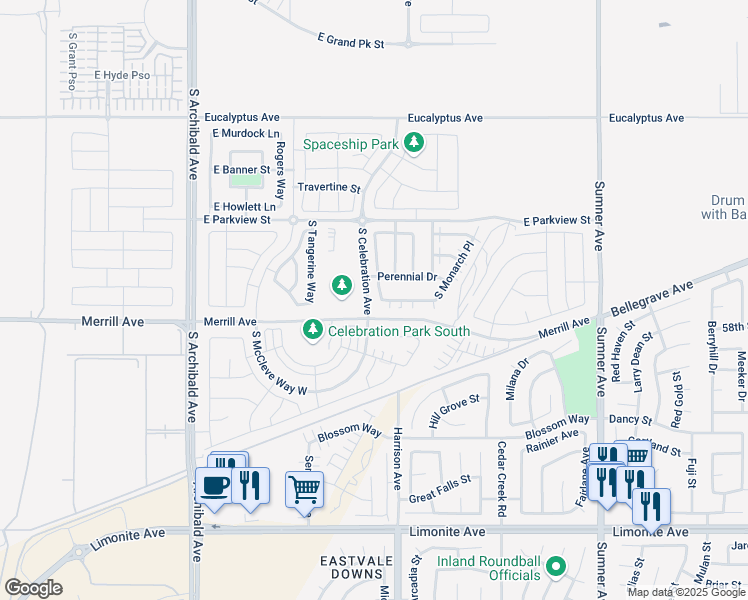 map of restaurants, bars, coffee shops, grocery stores, and more near 3138 Perennial Drive in Ontario