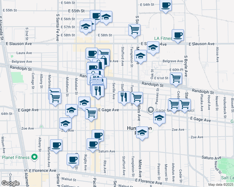 map of restaurants, bars, coffee shops, grocery stores, and more near 6208 Seville Avenue in Huntington Park