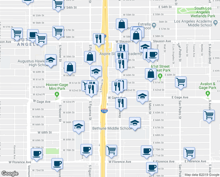 map of restaurants, bars, coffee shops, grocery stores, and more near 332 West 61st Street in Los Angeles