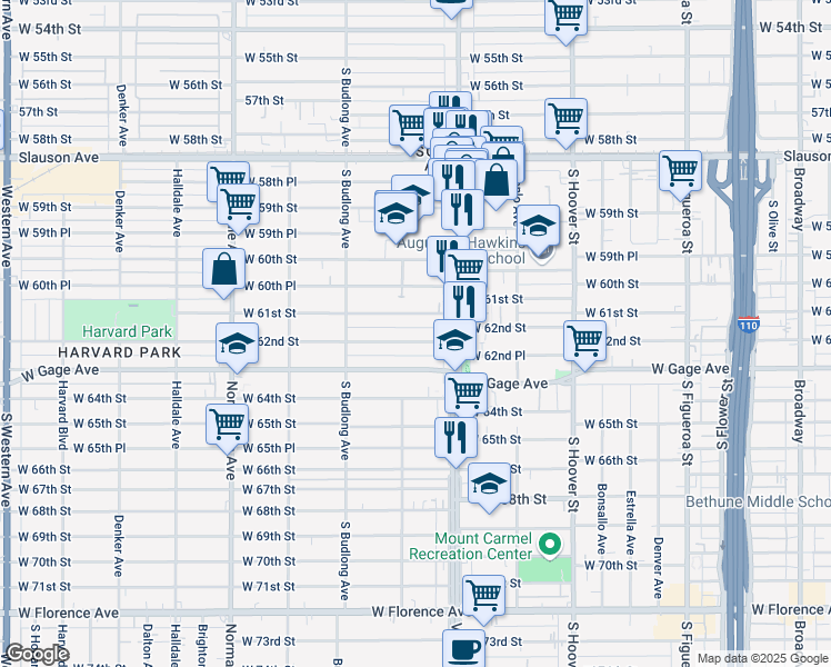 map of restaurants, bars, coffee shops, grocery stores, and more near 1042 West 61st Street in Los Angeles