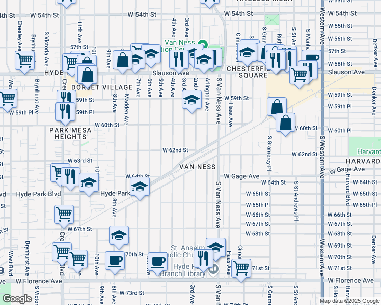 map of restaurants, bars, coffee shops, grocery stores, and more near 6051 2nd Avenue in Los Angeles