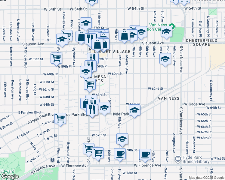 map of restaurants, bars, coffee shops, grocery stores, and more near 6122 10th Avenue in Los Angeles