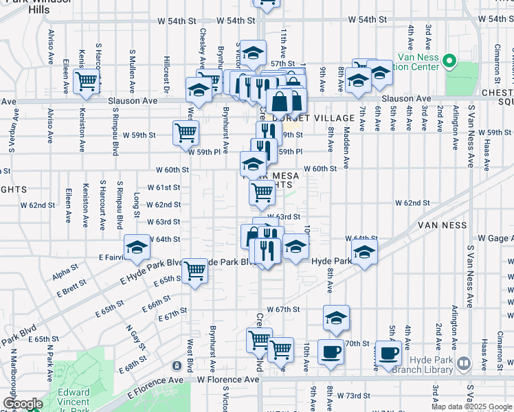 map of restaurants, bars, coffee shops, grocery stores, and more near 6030 Crenshaw Boulevard in Los Angeles