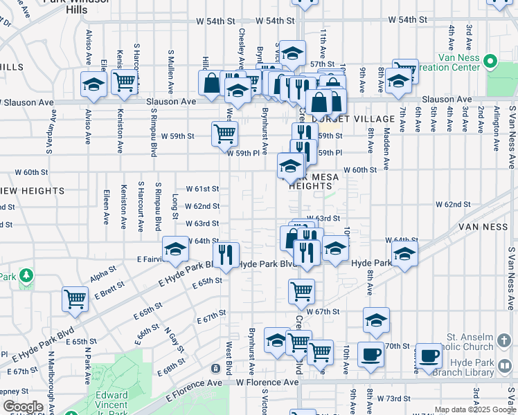 map of restaurants, bars, coffee shops, grocery stores, and more near 6114 Brynhurst Avenue in Los Angeles