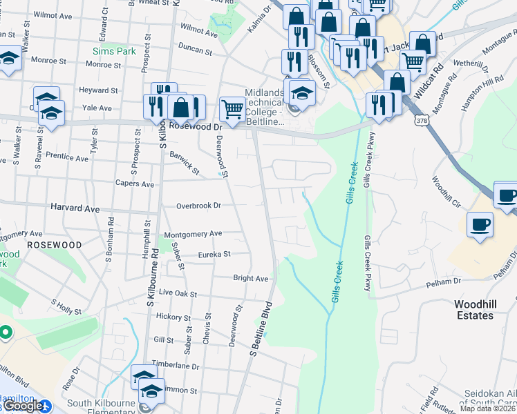map of restaurants, bars, coffee shops, grocery stores, and more near 510 South Beltline Boulevard in Columbia