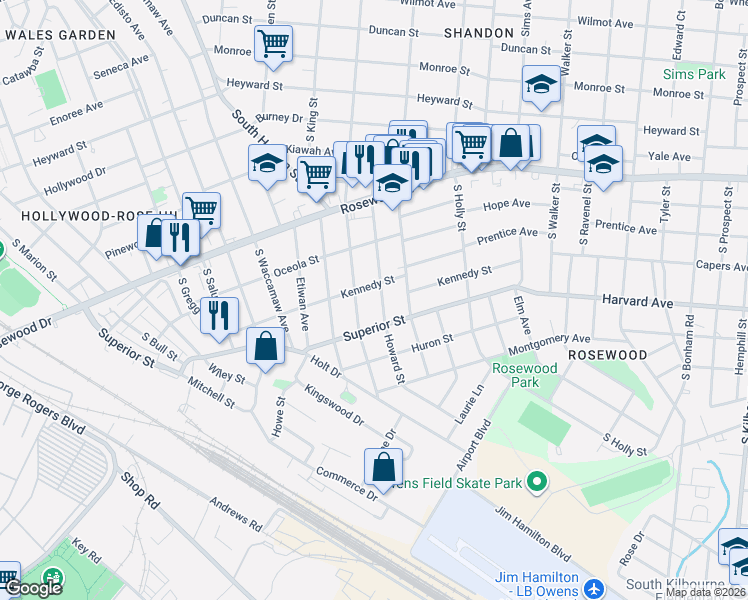 map of restaurants, bars, coffee shops, grocery stores, and more near 520 South Woodrow Street in Columbia