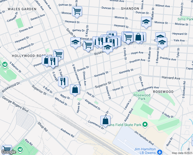 map of restaurants, bars, coffee shops, grocery stores, and more near 520 South Woodrow Street in Columbia