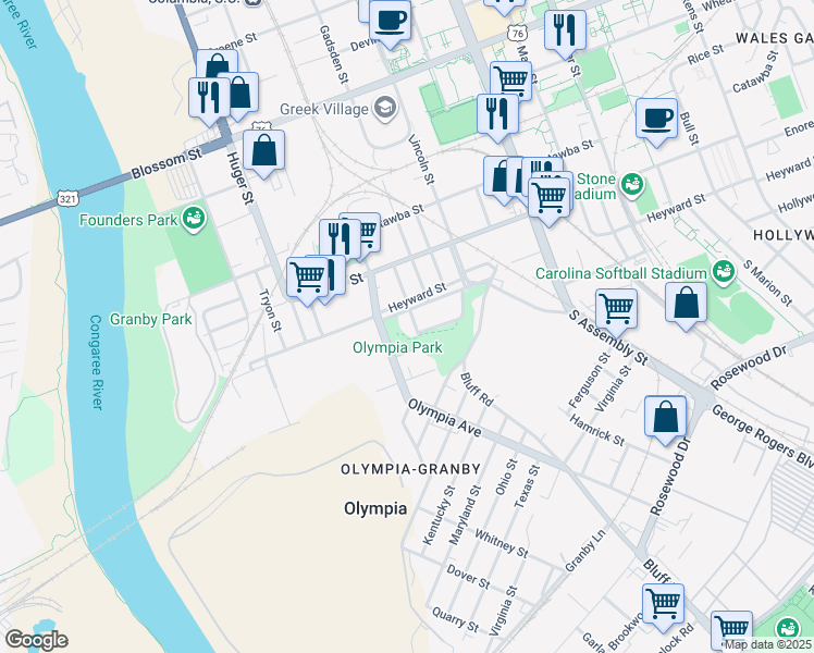 map of restaurants, bars, coffee shops, grocery stores, and more near 22 Heyward Street in Columbia