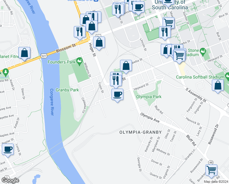 map of restaurants, bars, coffee shops, grocery stores, and more near 520 Whaley Street in Columbia