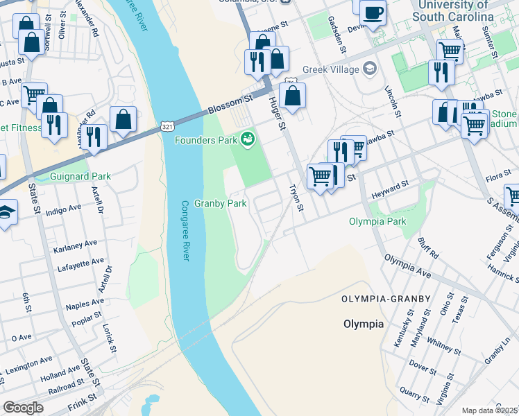 map of restaurants, bars, coffee shops, grocery stores, and more near 306 Picadilly Street in Columbia