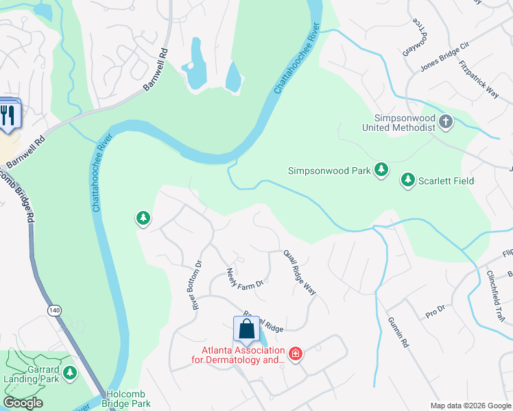 map of restaurants, bars, coffee shops, grocery stores, and more near 4410 Loblolly Trail in Norcross