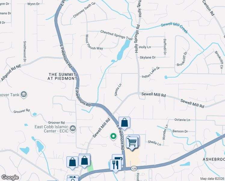 map of restaurants, bars, coffee shops, grocery stores, and more near 2417 Siesta Court in Marietta
