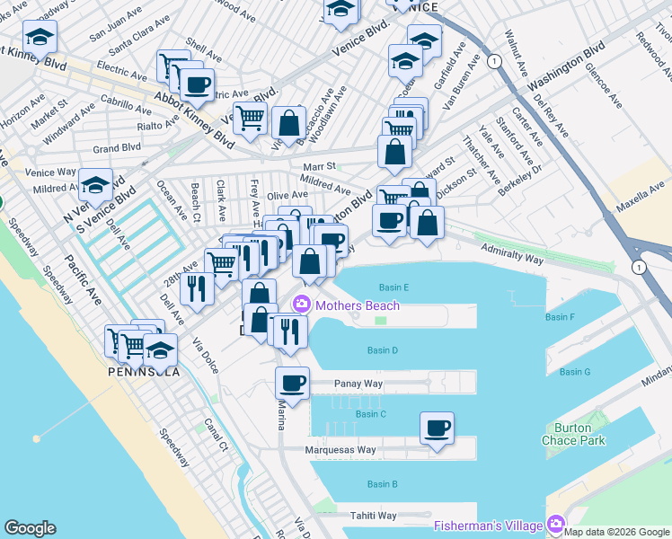 map of restaurants, bars, coffee shops, grocery stores, and more near 4213 Admiralty Way in Marina del Rey