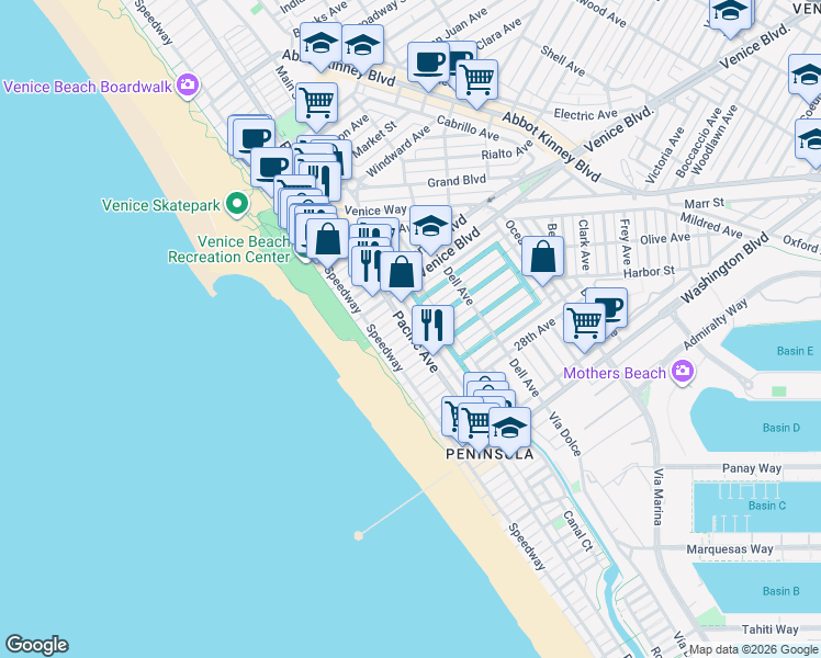 map of restaurants, bars, coffee shops, grocery stores, and more near 2326 Pacific Avenue in Los Angeles