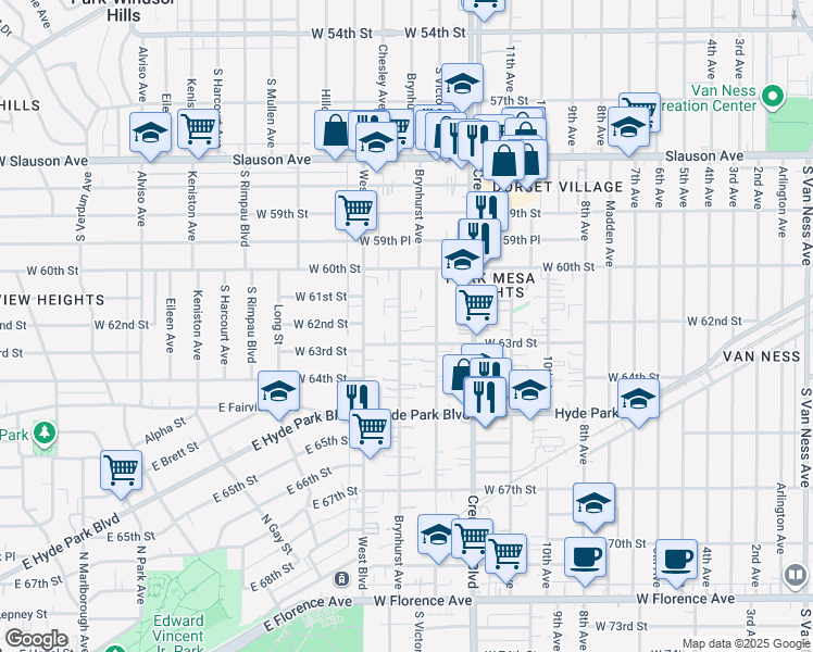 map of restaurants, bars, coffee shops, grocery stores, and more near 6204 Brynhurst Avenue in Los Angeles