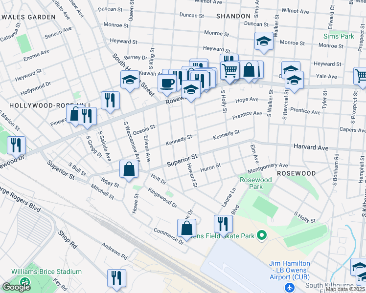 map of restaurants, bars, coffee shops, grocery stores, and more near 520 South Woodrow Street in Columbia