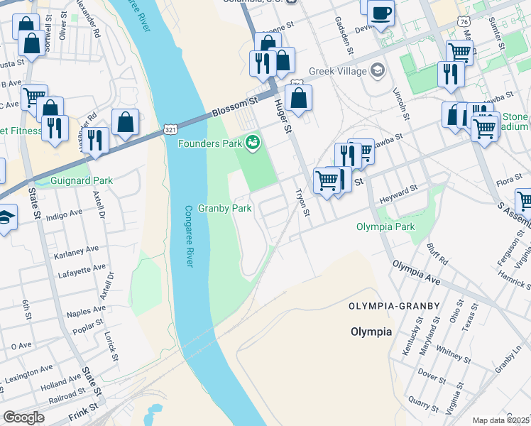 map of restaurants, bars, coffee shops, grocery stores, and more near 306 Picadilly Street in Columbia