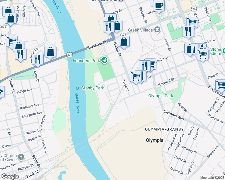 map of restaurants, bars, coffee shops, grocery stores, and more near 521 Catawba Circle in Columbia