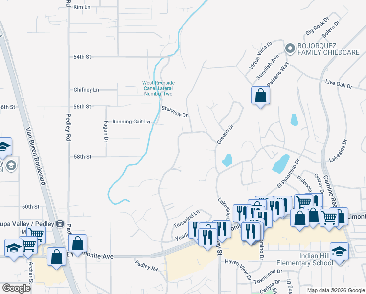 map of restaurants, bars, coffee shops, grocery stores, and more near 5800 Baldwin Avenue in Riverside