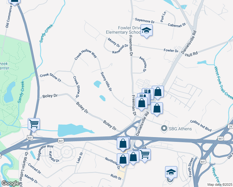 map of restaurants, bars, coffee shops, grocery stores, and more near 114 Sunny Hills Ct in Athens
