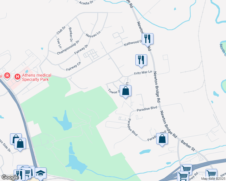 map of restaurants, bars, coffee shops, grocery stores, and more near 1275 Towne Square Court in Athens
