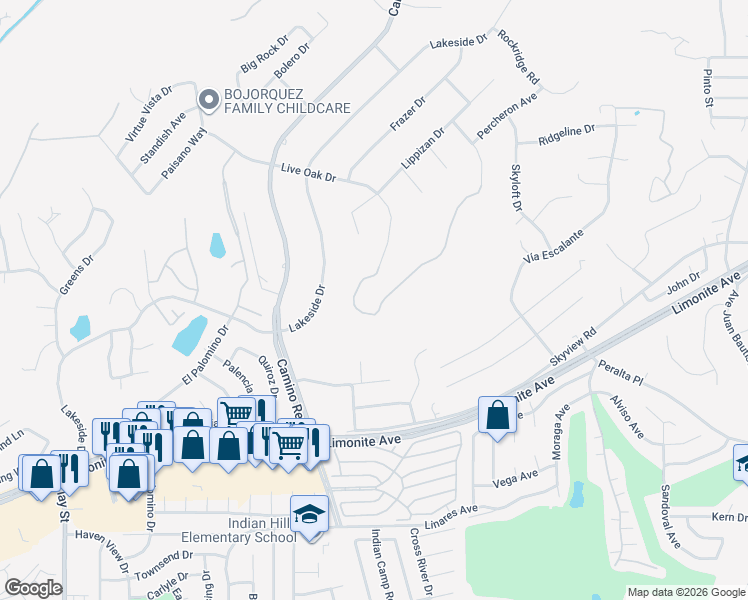 map of restaurants, bars, coffee shops, grocery stores, and more near 7421 Live Oak Drive in Riverside