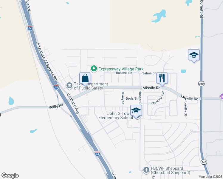 map of restaurants, bars, coffee shops, grocery stores, and more near 7 Lackland Circle in Wichita Falls
