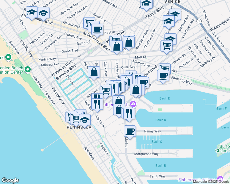 map of restaurants, bars, coffee shops, grocery stores, and more near 3000 Beach Avenue in Los Angeles