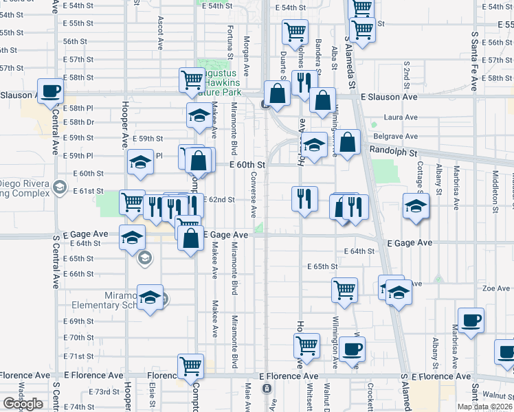 map of restaurants, bars, coffee shops, grocery stores, and more near 6208 Converse Avenue in Los Angeles