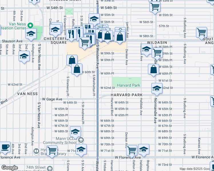 map of restaurants, bars, coffee shops, grocery stores, and more near 6142 South Hobart Boulevard in Los Angeles