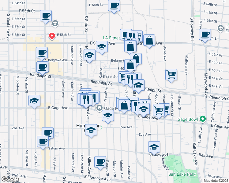 map of restaurants, bars, coffee shops, grocery stores, and more near 2983 Clarendon Avenue in Huntington Park