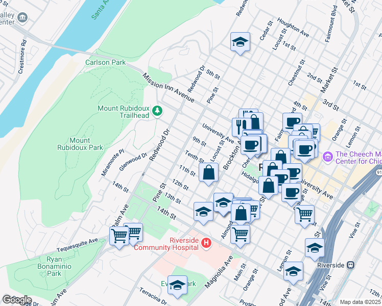 map of restaurants, bars, coffee shops, grocery stores, and more near 4321 Tenth Street in Riverside
