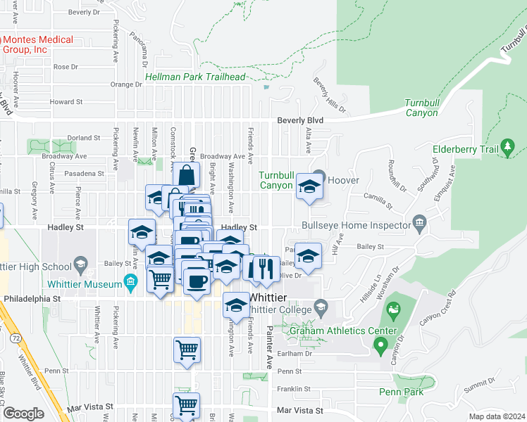 map of restaurants, bars, coffee shops, grocery stores, and more near 6333 Painter Avenue in Whittier