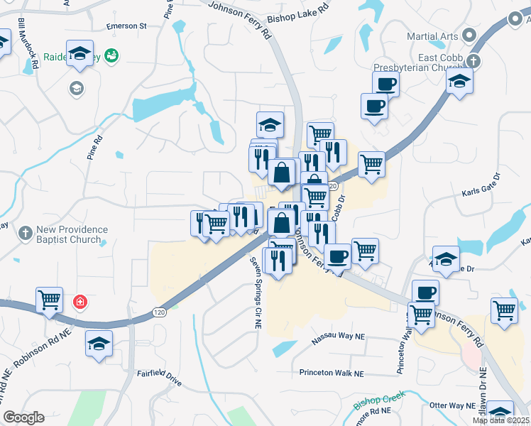 map of restaurants, bars, coffee shops, grocery stores, and more near 4201 Providence Road in Marietta