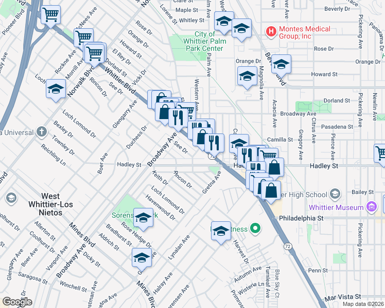 map of restaurants, bars, coffee shops, grocery stores, and more near 6423 Western Avenue in Whittier