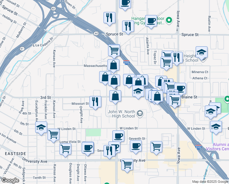 map of restaurants, bars, coffee shops, grocery stores, and more near 3184 Durahart St in Riverside