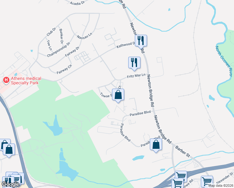 map of restaurants, bars, coffee shops, grocery stores, and more near 1275 Towne Square Court in Athens