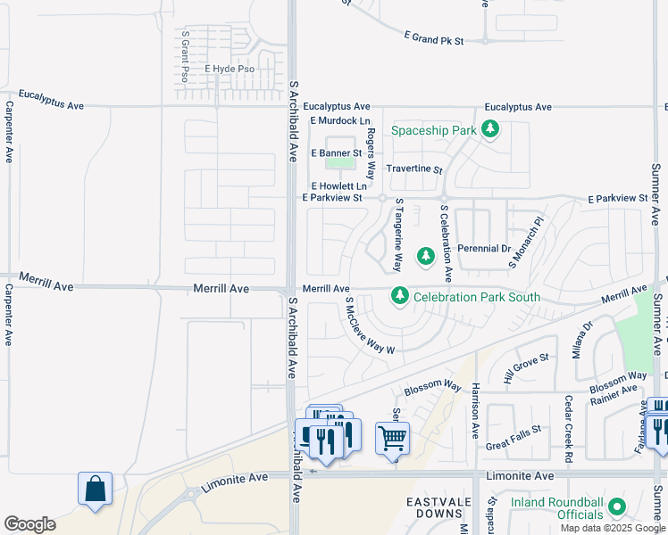 map of restaurants, bars, coffee shops, grocery stores, and more near 4974 South Rosemary Way in Ontario